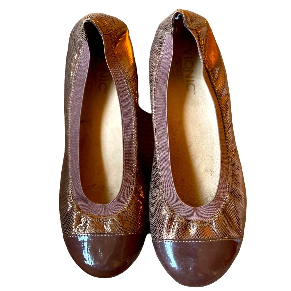 Vionic Copper Bronze Allora Cap Toe Lizard Print Ballet Flats 8